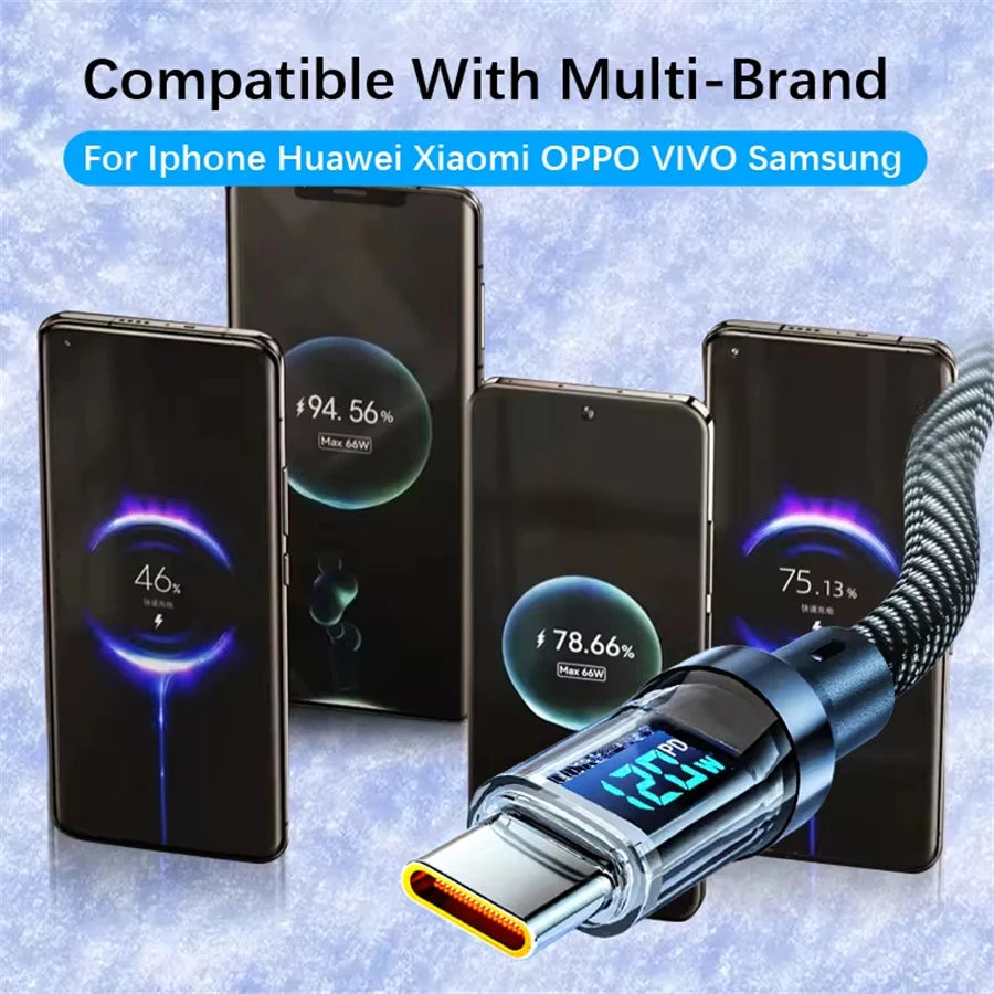 120W Super Fast Charging Cable Real-time Digital Display USB A to Type C Data Cable For iPhone Android Phones Universal Pi-Mart