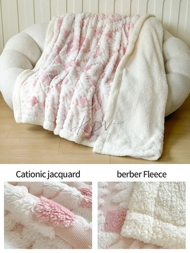 Geometric Patterned Jacquard Fleece Blanket Double Layer Thick Warm Taffeta Sofa Throw Blanket Spring Autumn Plush Bed Blanket Pi-Mart