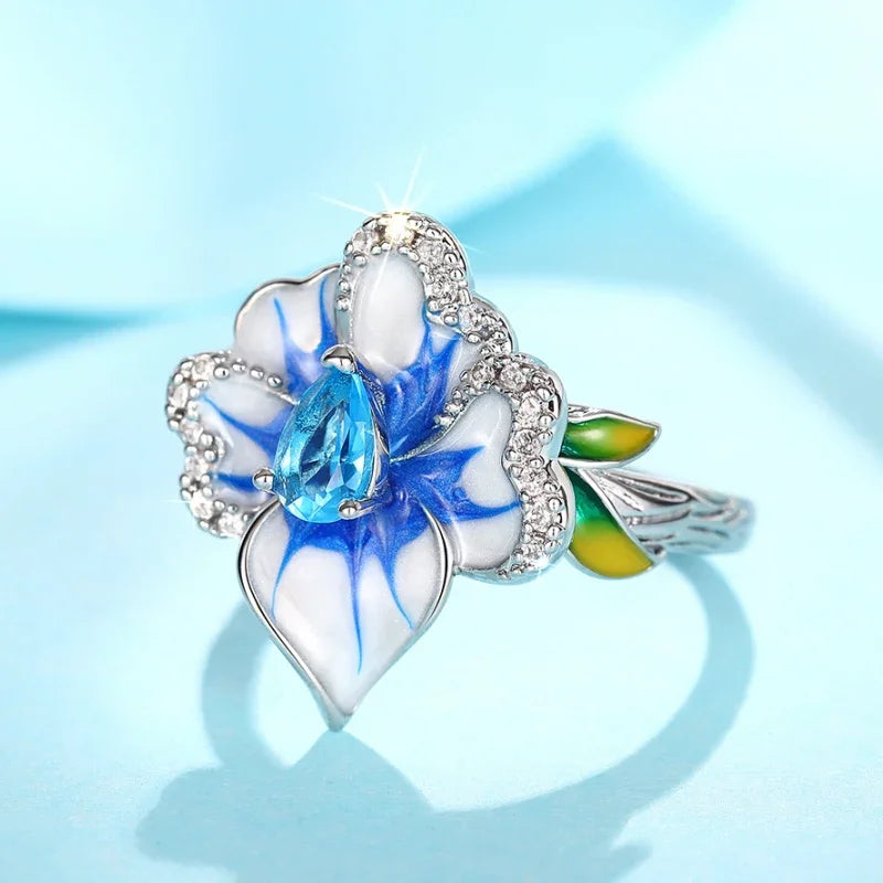 Huitan Gorgeous Creative Rings with Blue Flower Designed Elegant Temperament Party Jewelry for Women Delicate Finger Accessories Pi-Mart
