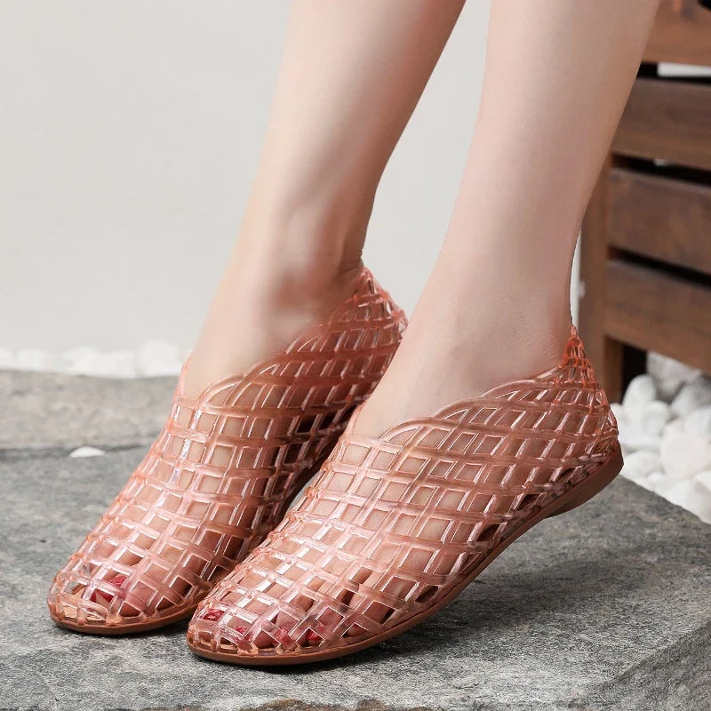 New 2026 Women Leisure Jelly Sandals Cut-out Soft PVC Breathable Summer Flat Shoes Close Toe Female Street Flats LadyShow.Store