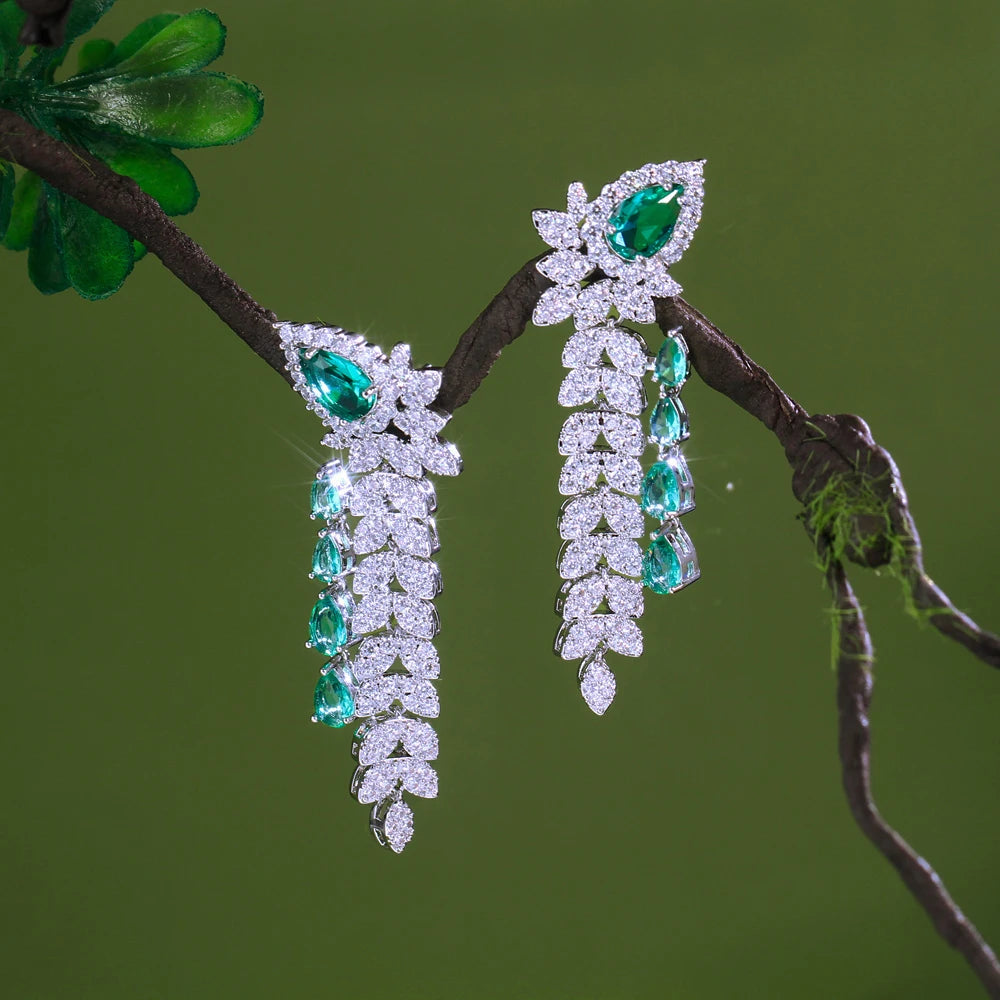 CWWZircons Dangling Leaf Drop Green Cubic Zirconia Luxury Long Earrings  for Women Beautiful Wedding Banquet Party Jewelry CZ959 Pi-Mart