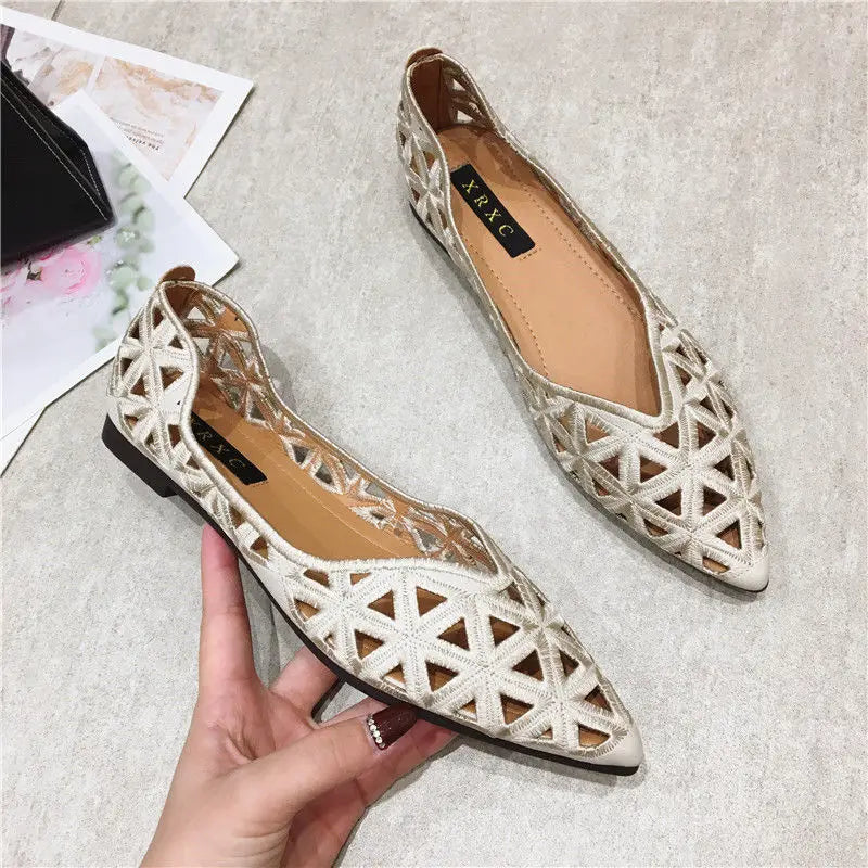 Flat Shoes Women 2026 Summer Pointy Joker Hollow Leisure Commuter Flat Spring Elegant Women's Shoes Breathable Hole Shoes Pi-Mart