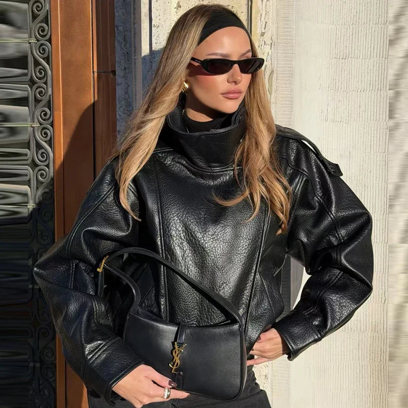 HXAO Faux Leather Black Jackets For Woman New Arrival Cropped Oversize Bomber Jacket Zip-Up Long Sleeve Coats Motorcycle Jackets LadyShow.Store