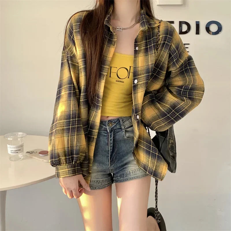 Black Flannel Shirt for Women Long Sleeve Collared Button-Up Tartan Plaid Shirt Jacket  Teen-girl Casual Everyday Outfit LadyShow.Store