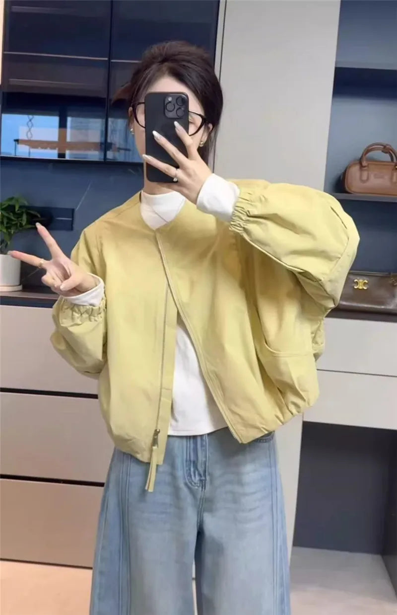 Korean Version Simple Women's Round Neck Solid Color Short Coat 2026 Spring New Female Casual Loose Jacket Joker Little Overwear Pi-Mart