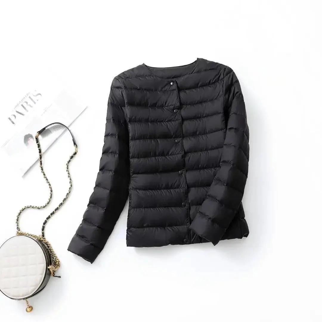 New Female Light Down Coat Women Liner Duck Down Jacket O-neck Variable V-neck 2024 Fall Collarless Light Quilted Puffer Coat LadyShow.Store