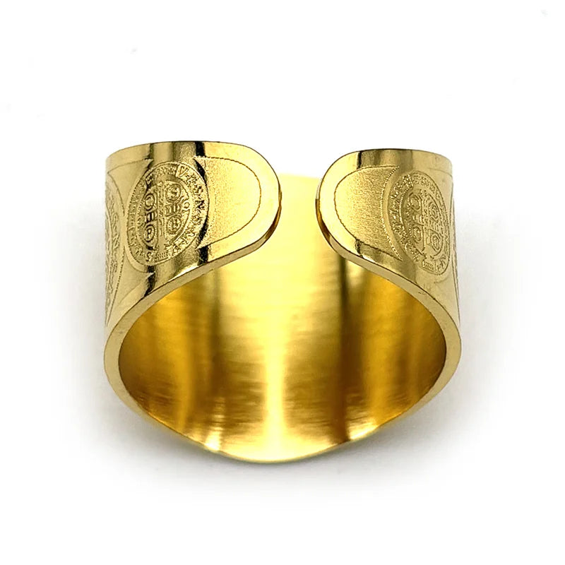 Catholic Saint Benedict Medallion Adjustable Rings for Women Men Stainless Steel Open Finger Ring Amulet Jewelry San Benito Pi-Mart