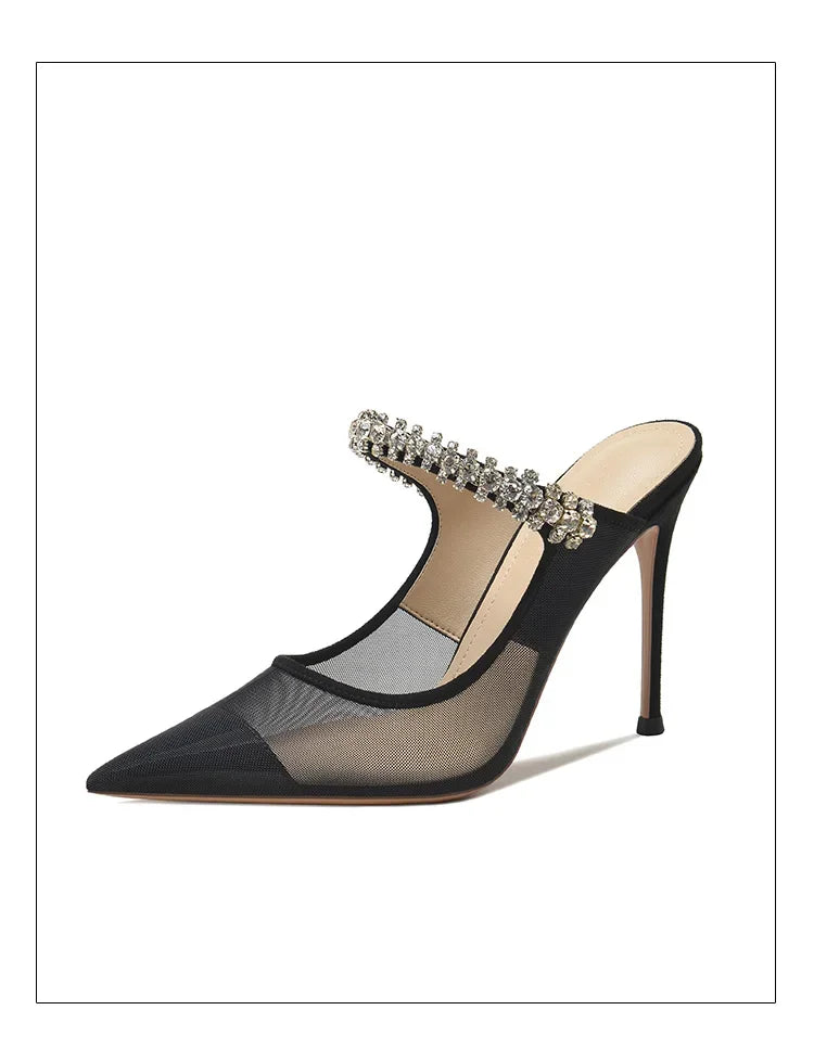 New Fashionable Thin Heel Pointed Water Diamond Mesh Hollow Sandals with Design Sense Half Dragged Muller Shoes ForOuterwear Pi-Mart