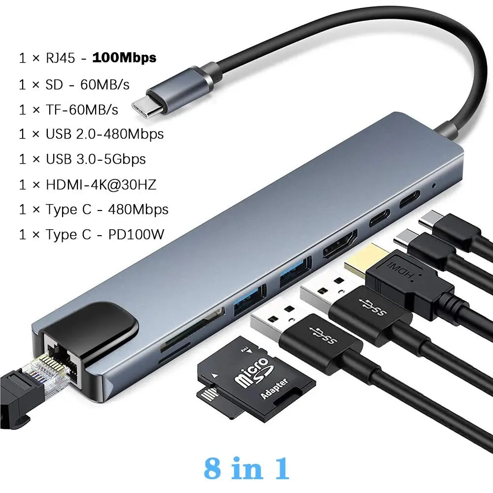 USB 3.0 Type C HUB USB C Docking Station to HDMI 4K 30HZ Type C to RJ45 100Mbps Ethernet Adapter VGA Extender Headphone PD 100W Pi-Mart