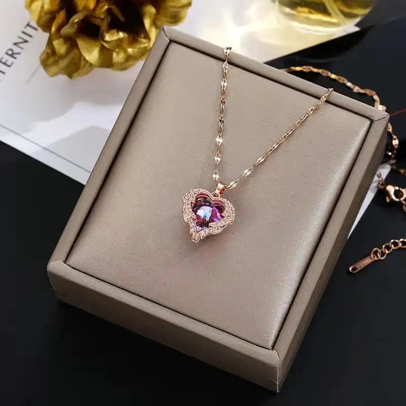 Top Luxury Colorful Crystal Ocean Heart Pendant Necklace For Women Trendy 316L Stainless Steel Jewelry Female Wedding Neck Chain Pi-Mart