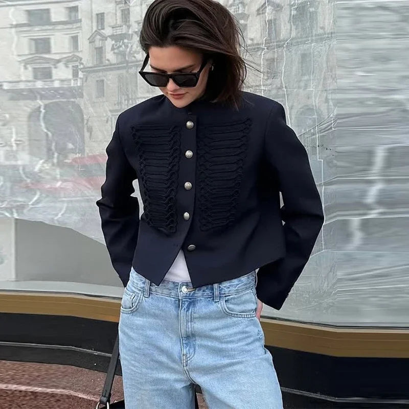 Chic Women's Cropped Jacket Stand Collar Single Breasted Long Sleeve Female Coat 2026 Spring Slim Fashion Solid Lady Outwear LadyShow.Store