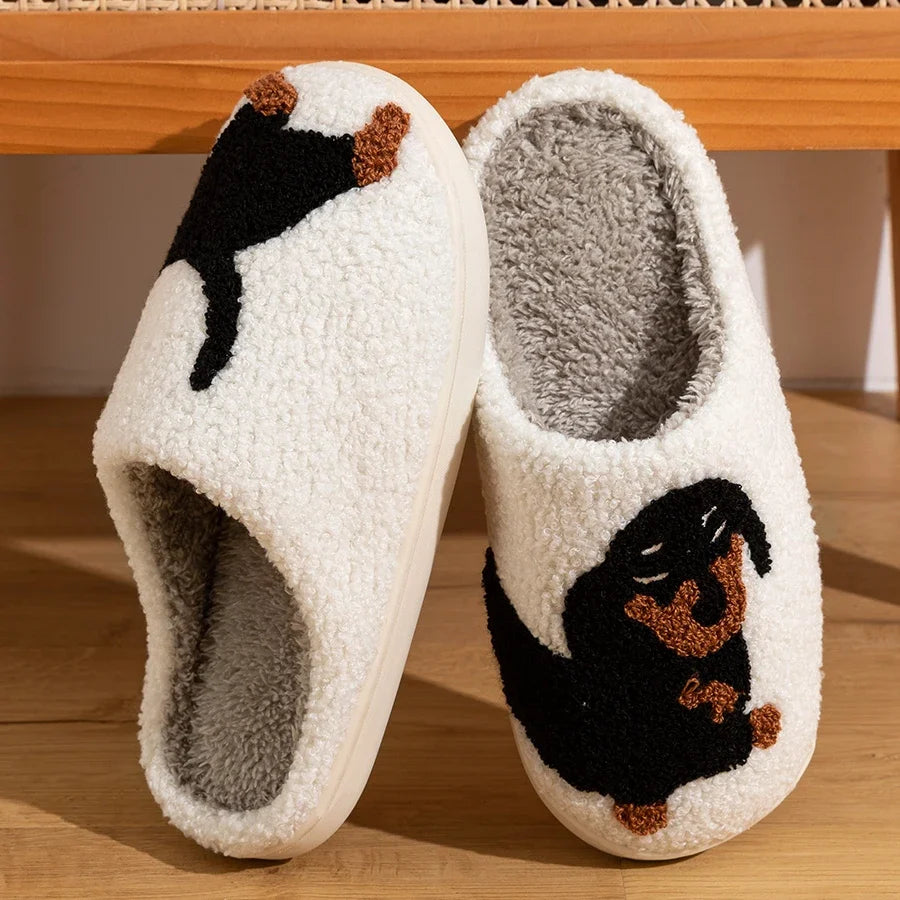 Winter Women's Slippers Cute and Interesting Cartoon Little Black Dog Indoor Warm Comfort Home Bedroom Soft Causal Plush Shoes LadyShow.Store