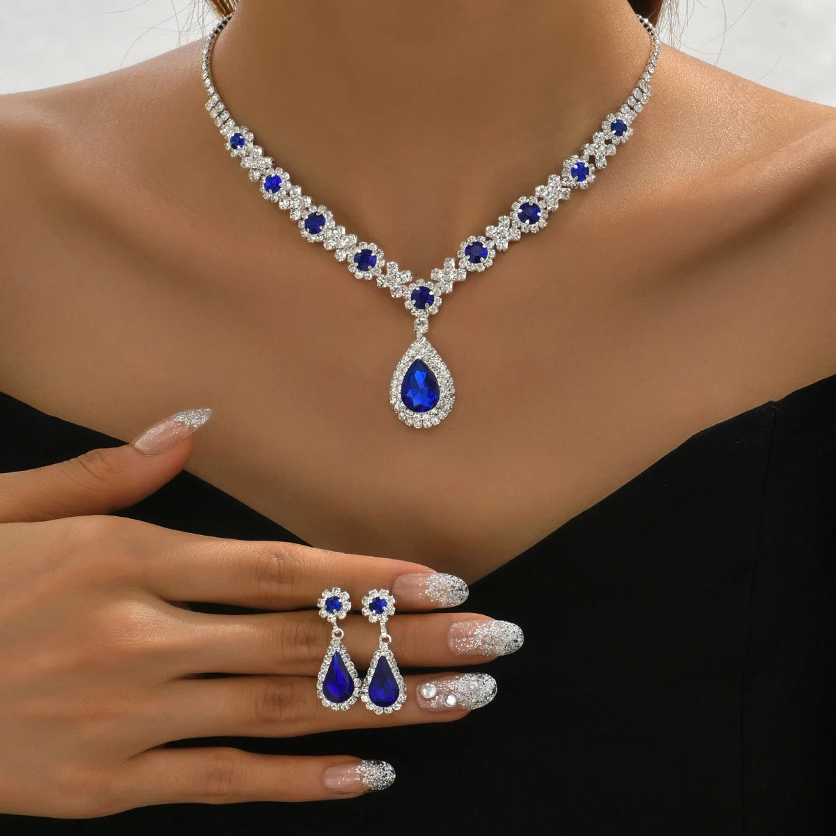 3 Pieces of Women's Crystal Droplet Necklace with Earrings Set for Wedding Evening Dress Accessories Pi-Mart