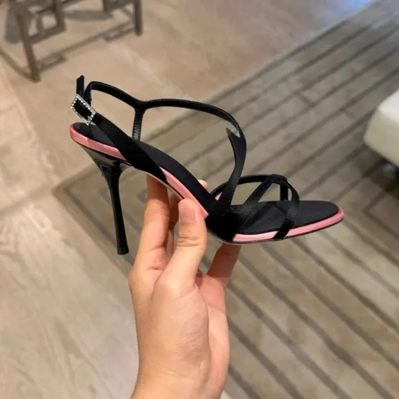 Satin Color Block Stiletto High Heels with One Belt 2025 New Summer Temperament Versatile Sandals LadyShow.Store