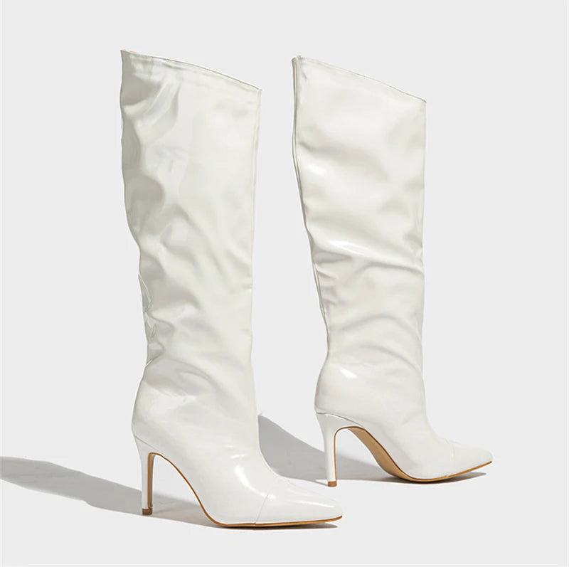 Liyke Fashion Runway Pleated Patent Leather Boots Female Pointed Toe Stiletto Heels Pumps Autumn Winter Knee High Shoes Women Pi-Mart