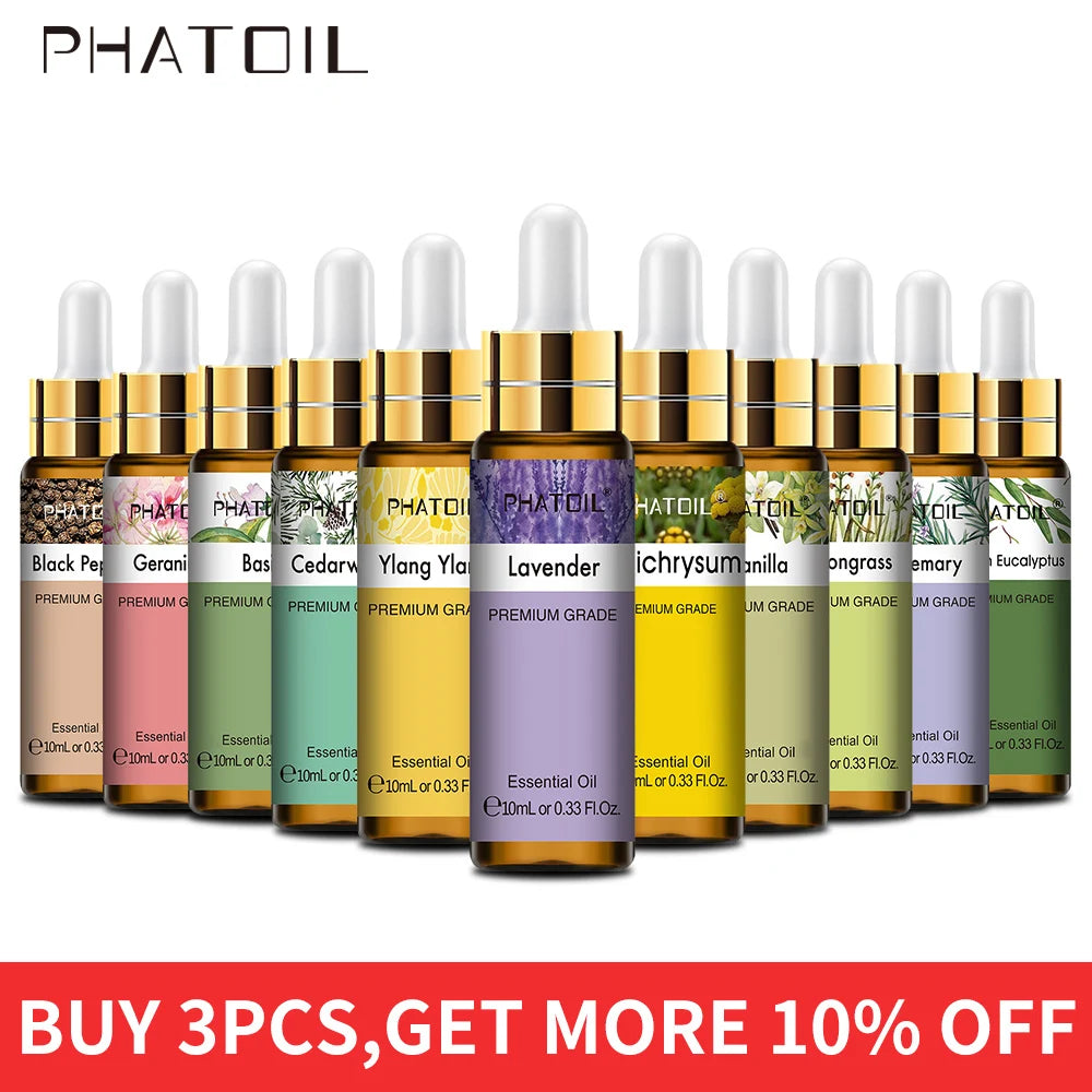 PHATOIL 10ML with Dropper Lavender Eucalyptus Vanilla Pure Natural Essential Oils Rose Jasmine Ylang Ylang Diffuser Aroma Oil Pi-Mart