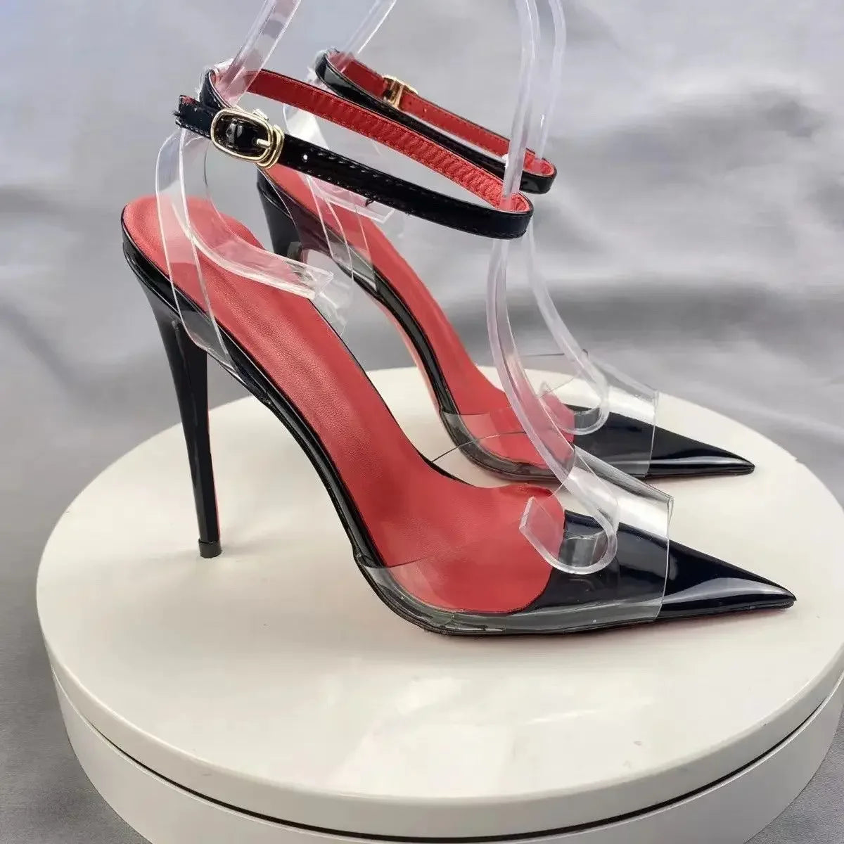 New European and American electric purple ultra soft transparent PVC sandals with straight stripes and slim heels, 12cm sexy Pi-Mart