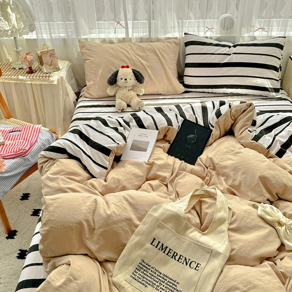 Ins Style Stripes Bedding Duvet Cover Set with Pillowcase bed sheet Full Size Bed Linen Quilt Cover Set Queen/King Double Single LadyShow.Store