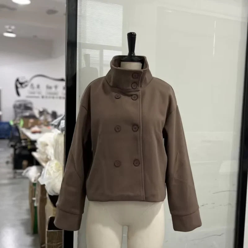 Fashion Short Woolen Coat For Women Stand Collar Full Sleeve Loose Zipper Jacket Female 2025 Spring Autumn Solid Lady Outwear LadyShow.Store