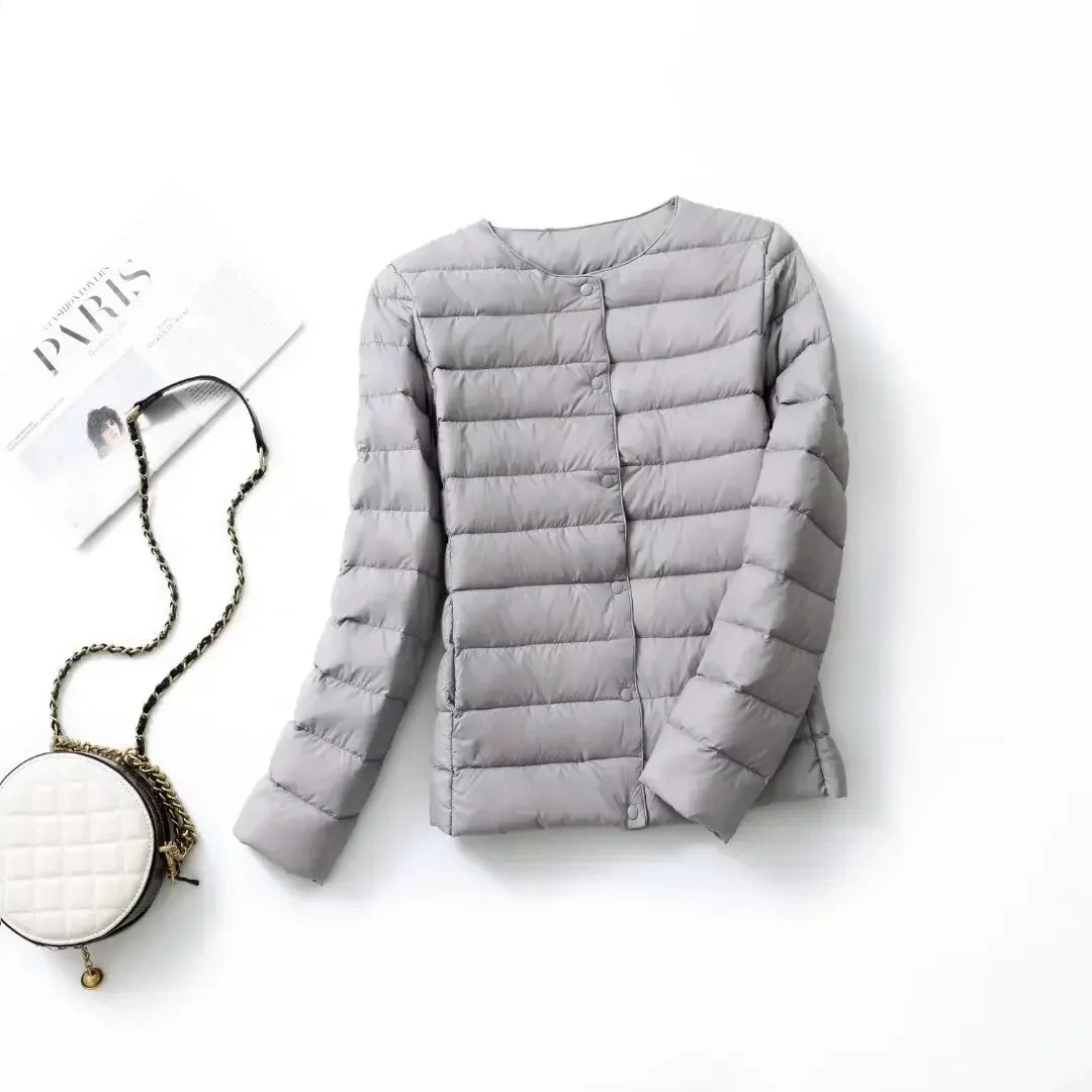 New Female Light Down Coat Women Liner Duck Down Jacket O-neck Variable V-neck 2024 Fall Collarless Light Quilted Puffer Coat LadyShow.Store