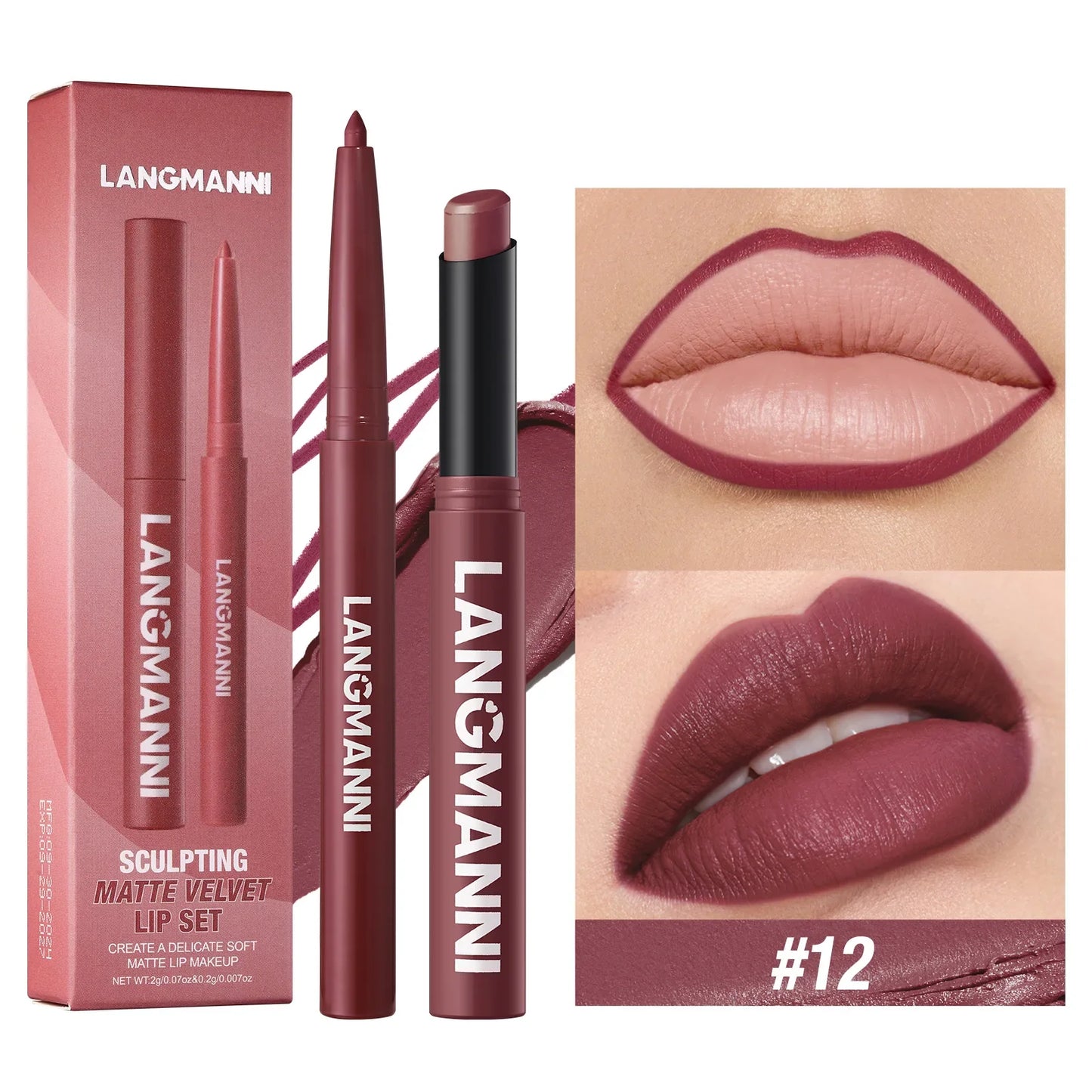 2Pcs/set Matte Soft Mist Slanted Mouth Lipstick + Lip Liner Set Combo Light Matte and Non-Drying Waterproof Non-Stick Lip Set LadyShow.Store