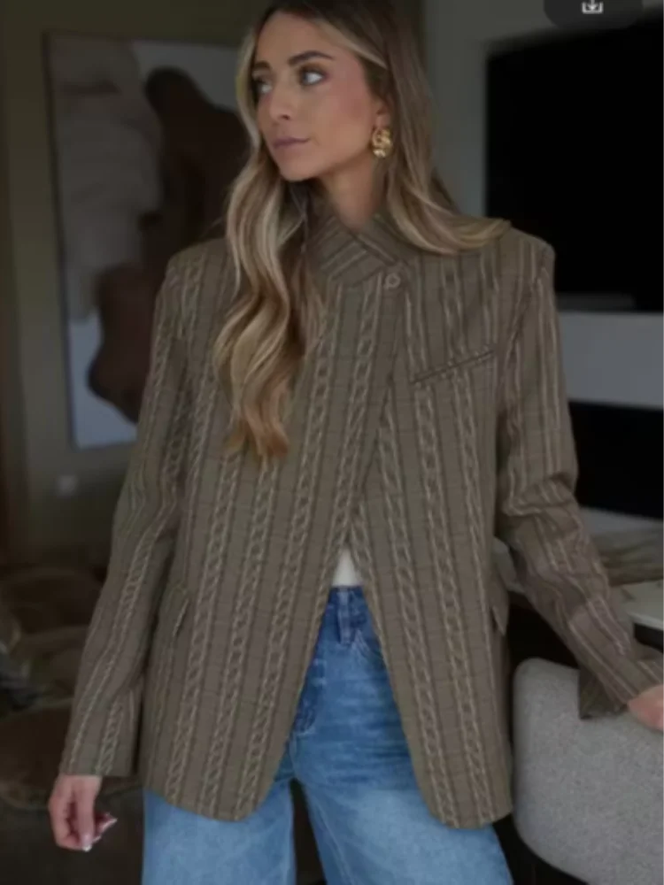 Women Plaid Print Blazer Jacket Fashion Stand Collar Full Sleeve One Button Loose Short Coat Chic Lady Daily Commute Outerwears LadyShow.Store