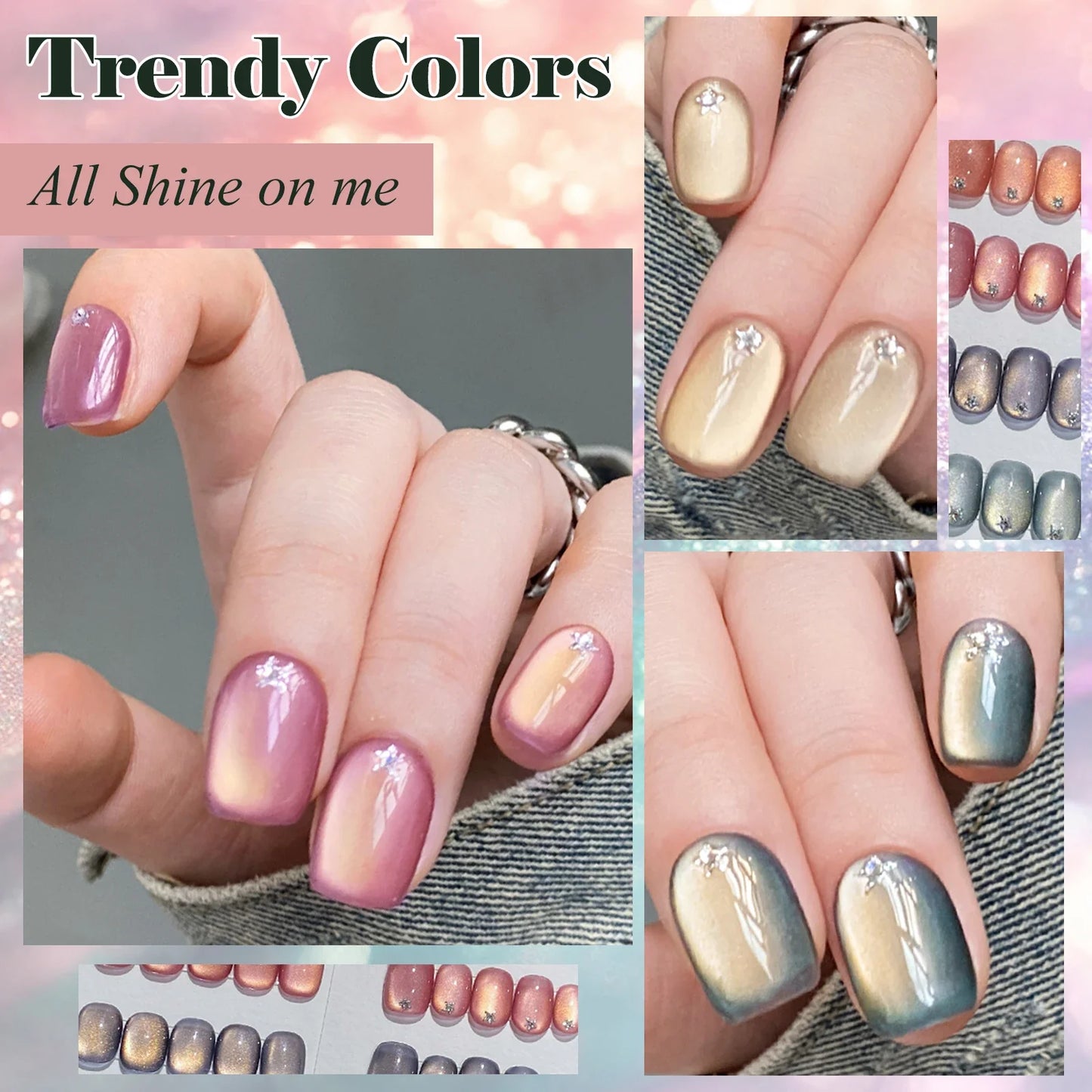 7pc Light Golden Magnetic Nail Gel Set Long Lasting for 28+ Days High-Gloss Nail Art Vernis Gel for Manicure DIY Easy to Apply Tri Light Beauty