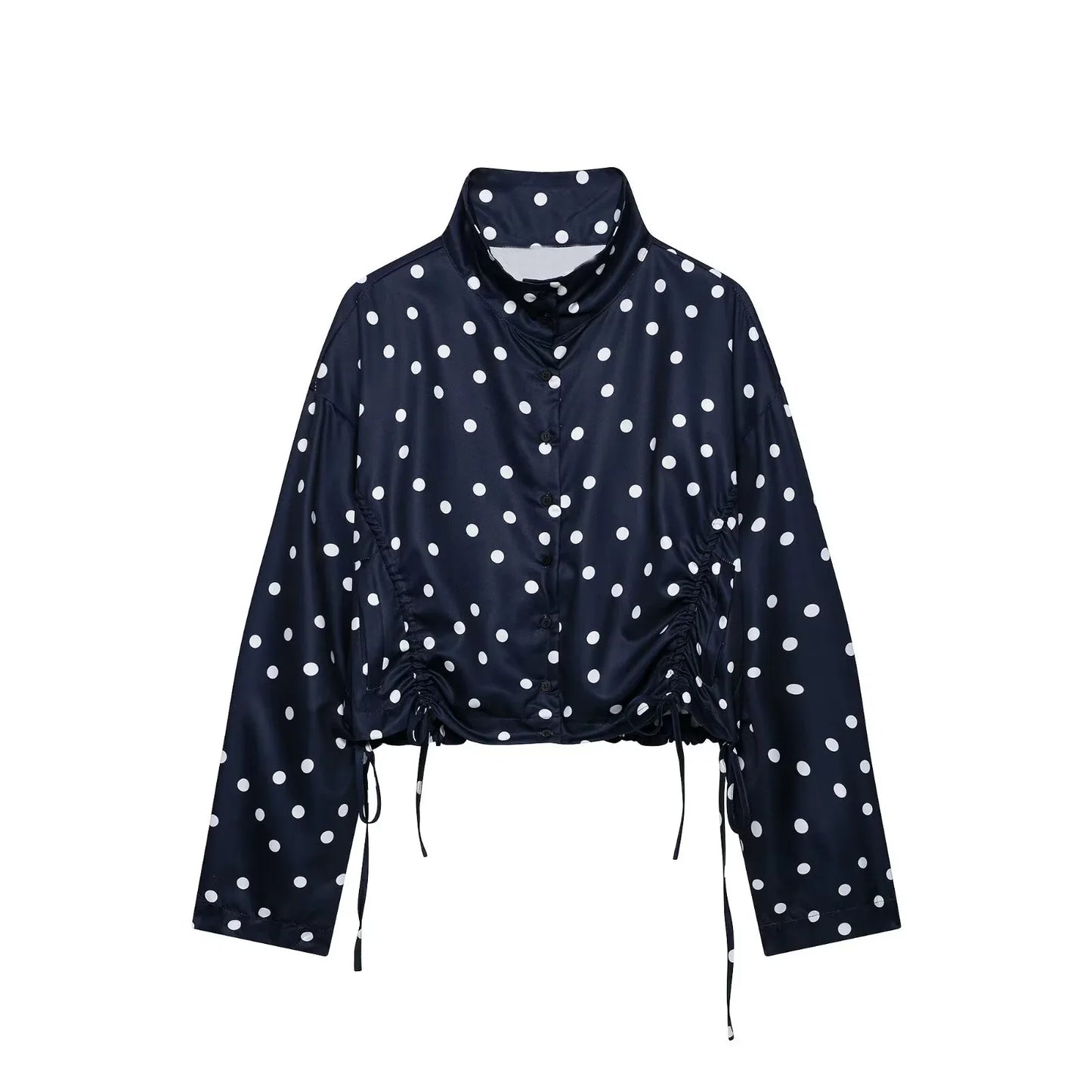 Women's Polka Dots Jacket with Tie New 2026 Spring Long Sleeve High Collar Loose Women Versatile Short Coats Chic Female Jackets LadyShow.Store
