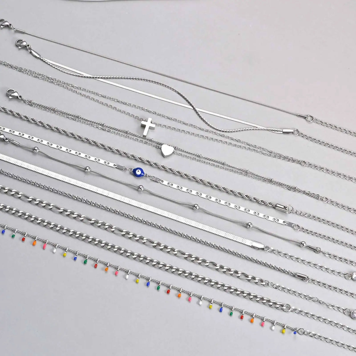 Silver Color Anklet Bracelets for Women Waterproof, Stainless Steel Layered Cuban Chain Herringbone Anklets Summer Beach Gift Pi-Mart