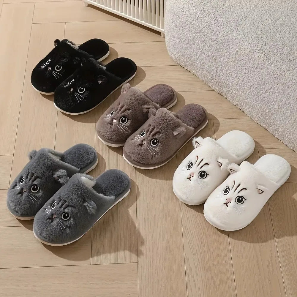 Womens Plush Cat Slippers Winter Warm Cozy Indoor House Shoes Soft EVA Sole Non-Slip Design LadyShow.Store