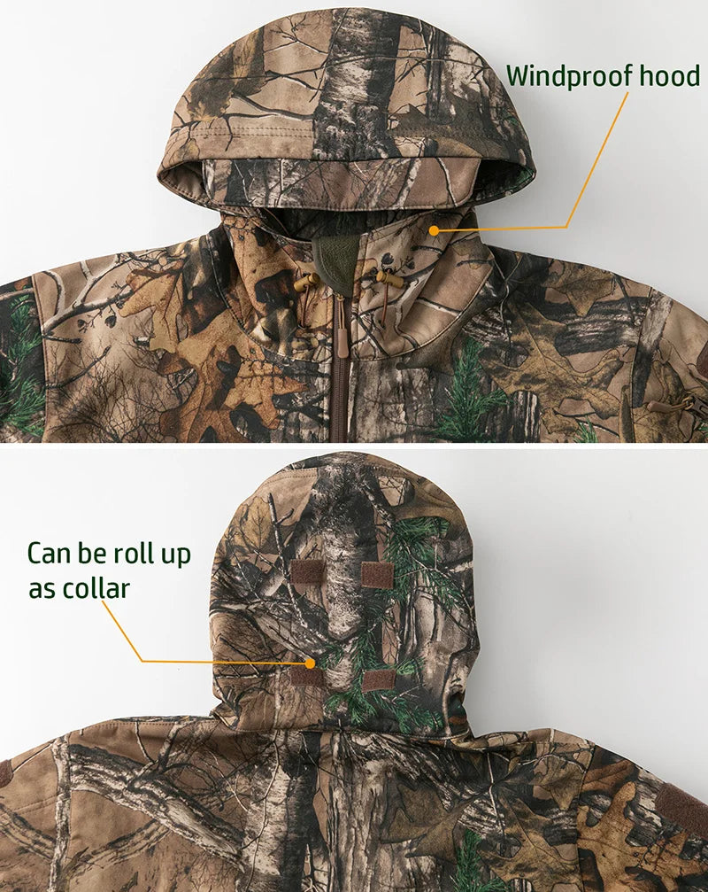 Men's Silent Soft Shell Camouflage Tactical Jacket Waterproof Warm Fleece Hunting Jackets Outdoor Hiking Fishing Hooded Coat Pi-Mart