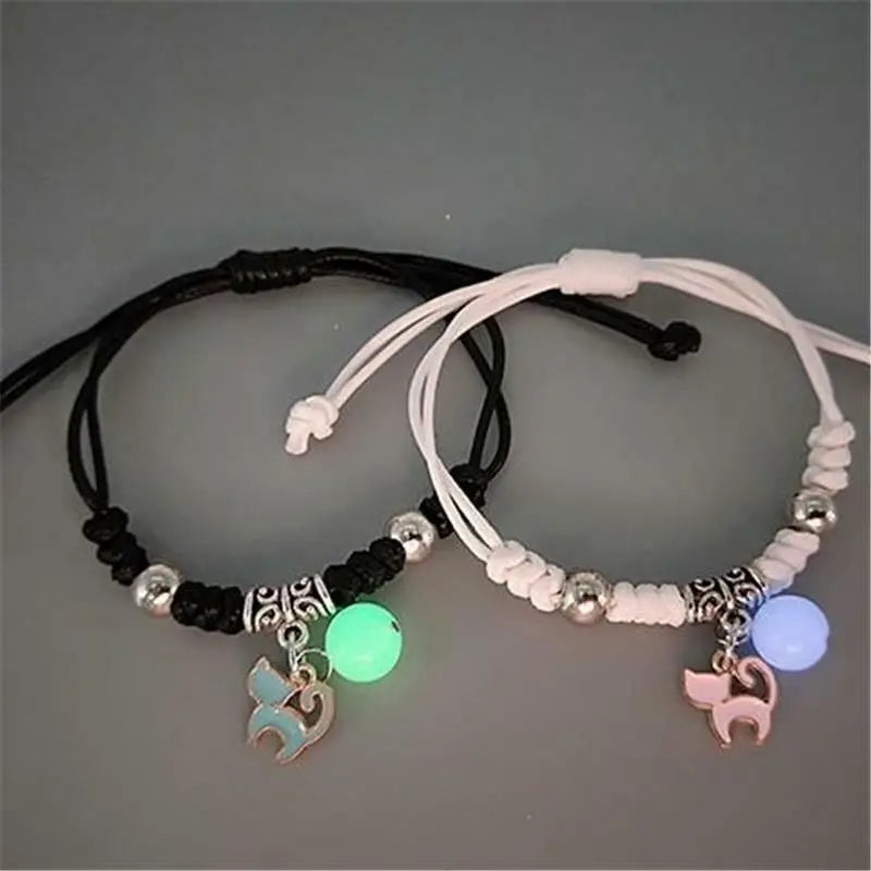 2PC Fashion Luminous Beads Star Couple Bracelet for Women Men Charm Cat Flower Heart Moon Love Matching Friend Bracelet Jewelry Pi-Mart