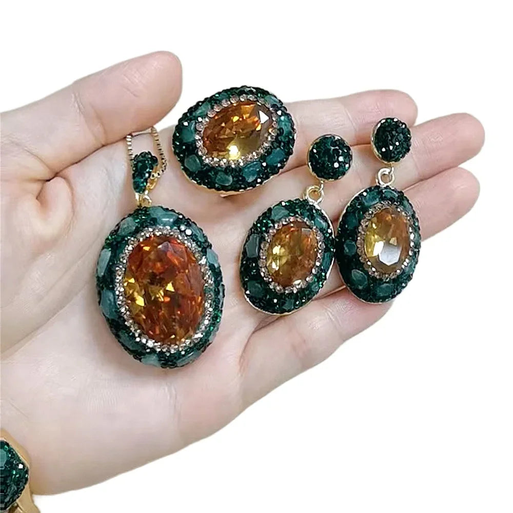 Round Colored Change Sultanite Crystal Bangle Rings Sets for Women Necklace Earring Rings Golden Green Zultanite Quartz Jewelry Pi-Mart