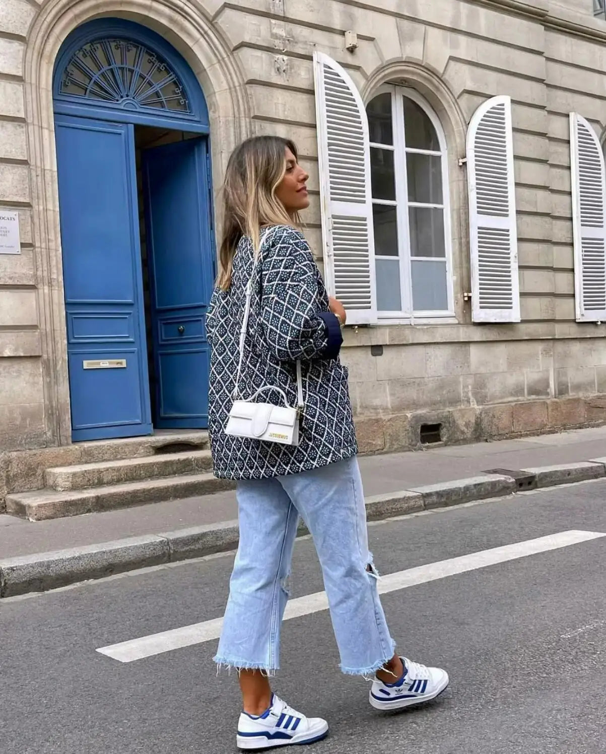 Autumn Winter Blue Geometric Plaid Print V Collar Quilted Coat Ethnic Women Long Sleeve Oversized Jackets Loose Outwear LadyShow.Store