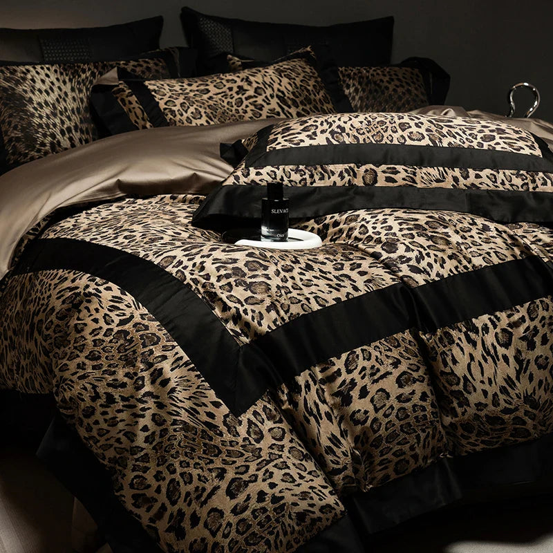 1000TC Egyptian Cotton Leopard Print Fashion Luxury Bedding Set Queen King Size Duvet Cover Flat/Fitted Bed Sheet Pillowcases LadyShow.Store
