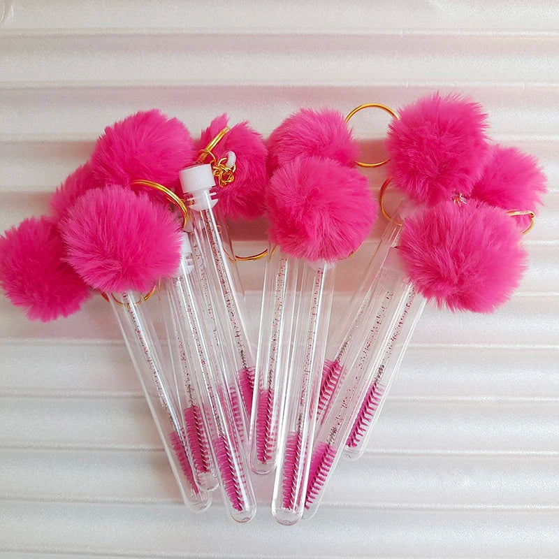 10pcs Eyelash Eyebrow Brush With Hairball Keychain Mascara Wand Reusable Lash Extension Clear Micro Comb Container Makeup Tool Pi-Mart