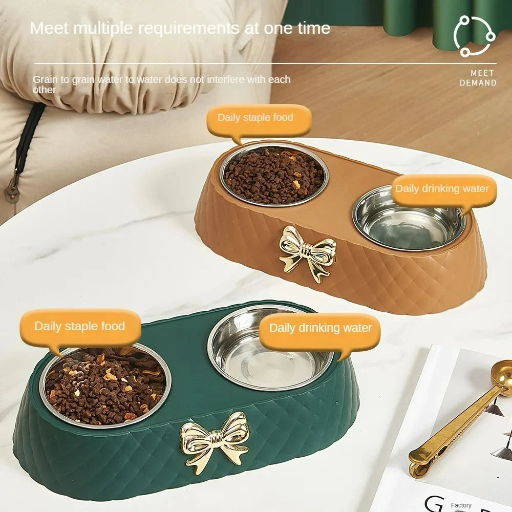 Pet Supplies Bow-tie Bowknot Cats Food Bowl PP Base Dog Bowl Stainless Steel Double Pet Accessories Feeding Drinking Double Bowl Pi-Mart
