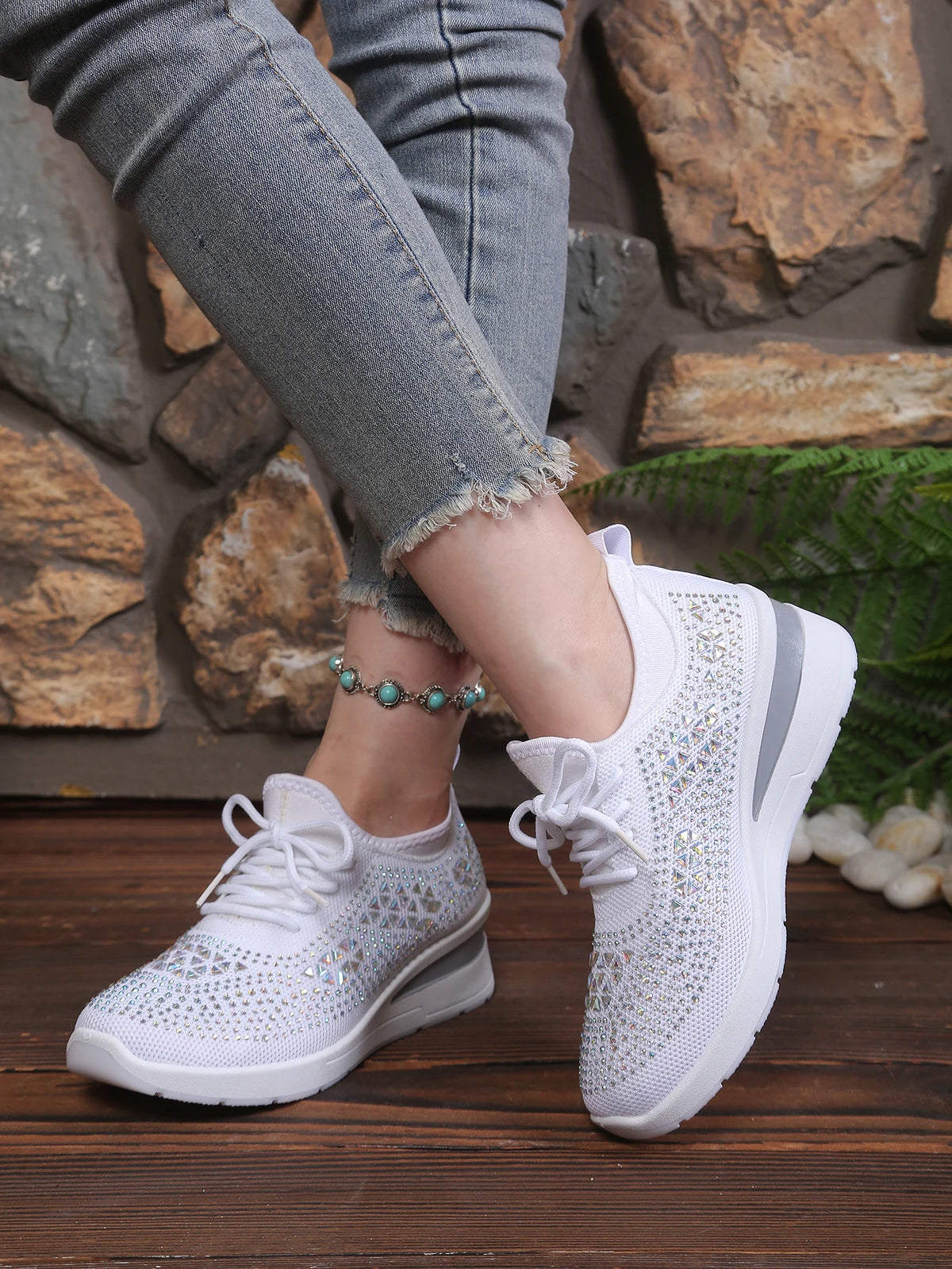 Women's Rhinestone Embellished Knit Mesh Wedge Sneakers, Adjustable Lace-Up Closure, Daily Walking Casual Footwear Pi-Mart