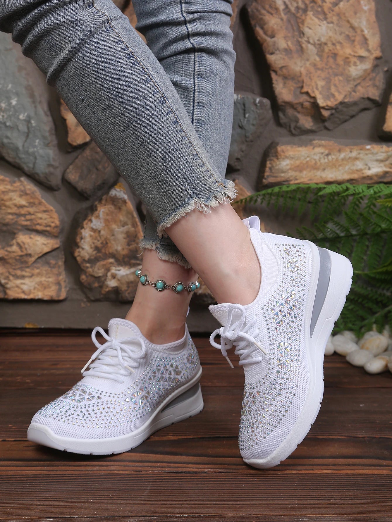 Women's Rhinestone Embellished Knit Mesh Wedge Sneakers, Adjustable Lace-Up Closure, Daily Walking Casual Footwear Pi-Mart