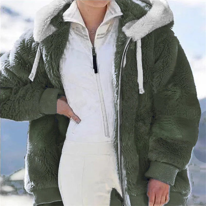 Women Winter Warm Faux Fur Jacket Plush Coat New Casual Hooded Fashion Zipper Soft Fleece Cashmere Jackets Female Thick Clothing LadyShow.Store