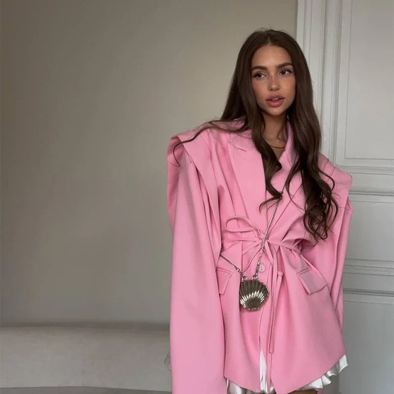 Chic Oversize Floral Printed Women Jacket Padded Lapel Lace Up Loose Coat Long Sleeve High Waist Outwears 2025 Lady Streetwear LadyShow.Store