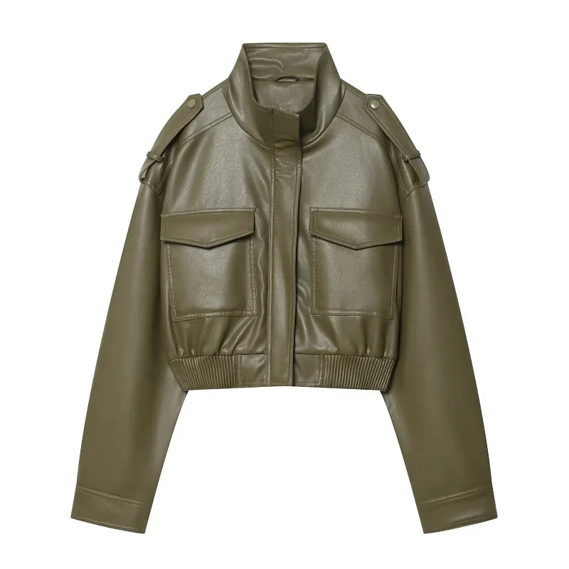 MUJER Faux Leather Cropped Jacket Women Bomber Demi-season Jackets for Women Long Sleeve Women's Coats Zip Overcoat Jacket Women LadyShow.Store