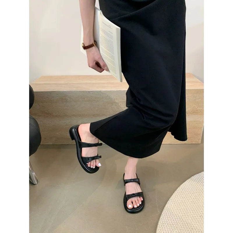 New Summer Women's Slippers 2024 Stylish Peep-toe Low Heel Silver Women's Comfortable Beach Shoes Sapatilas LadyShow.Store