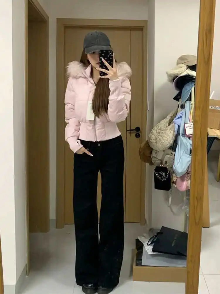Autumn Winter Fur Collar Hooded Cropped Puffer Jacket Women's Warm Cotton Padded Jacket Short Top Windproof Coat Y2K High Waist LadyShow.Store