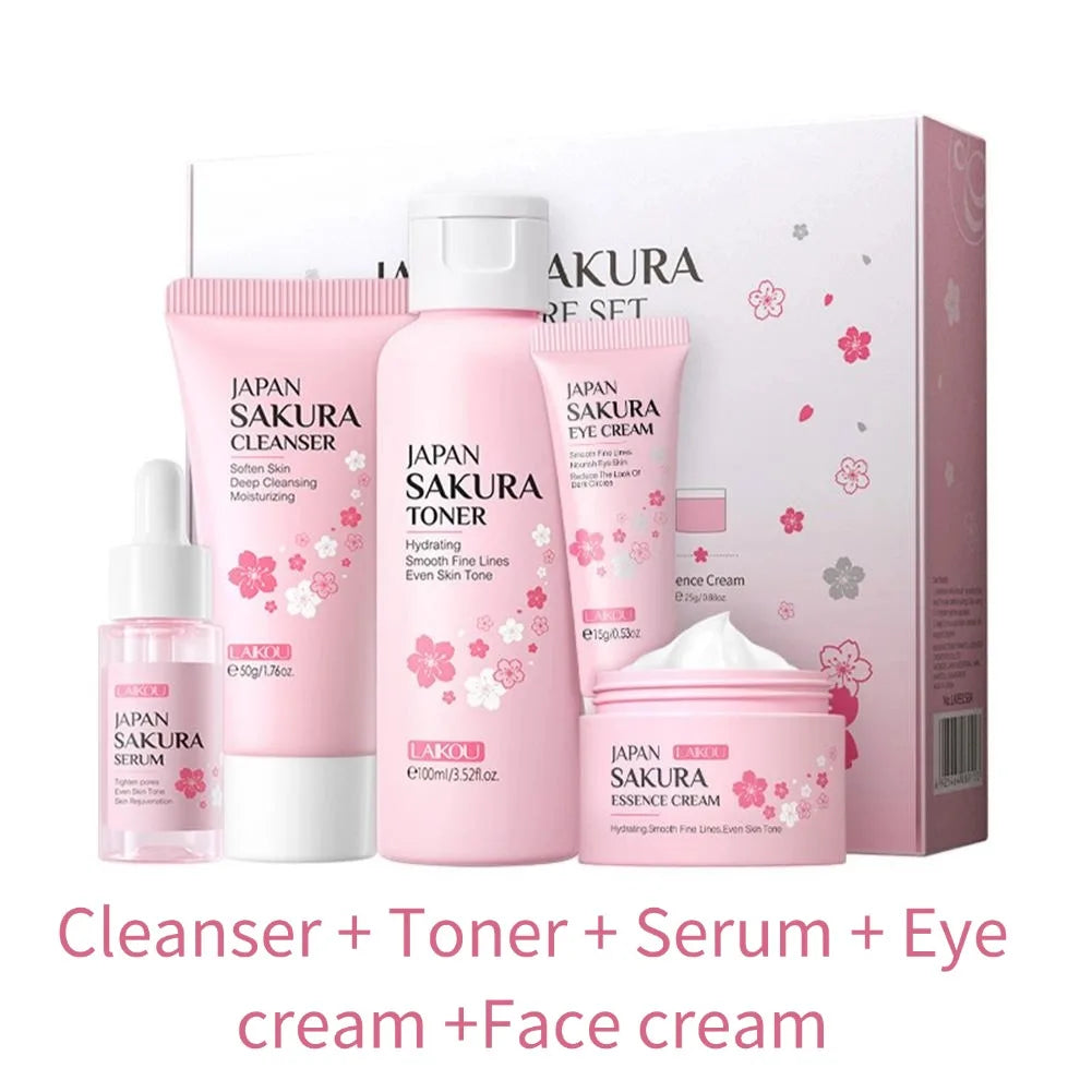 Sakura skin care sets with cleanser, serum, eye cream, facial cream, beauty products for women, travel skin care kit Tri Light Beauty