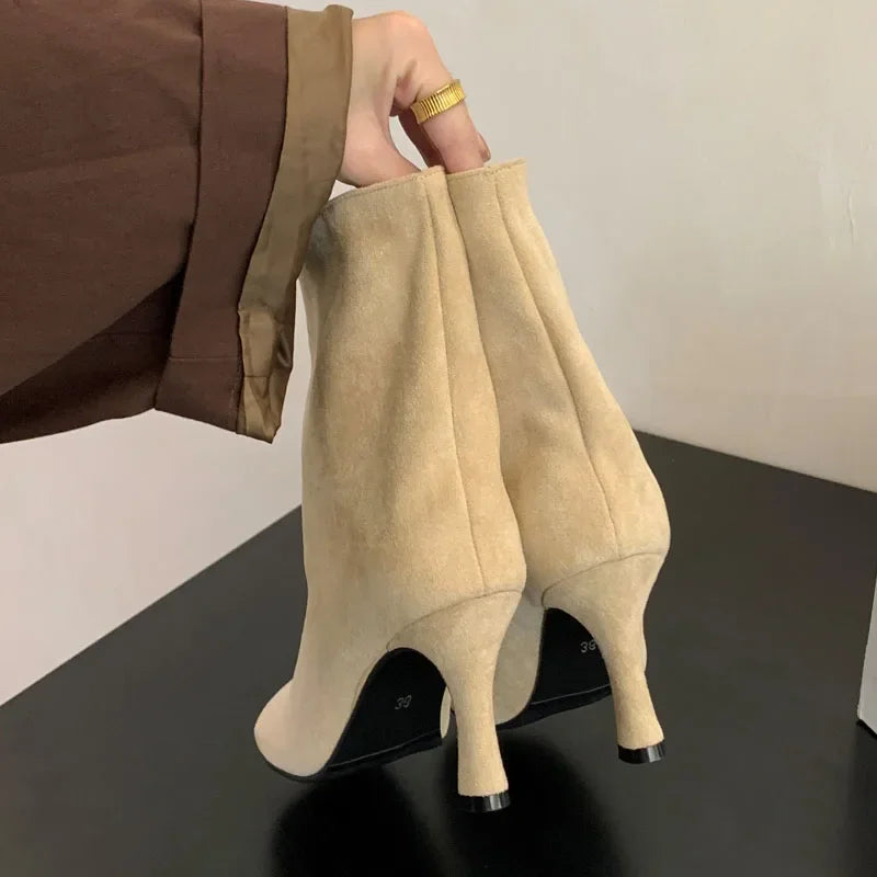 Eilyken Street Style Pleated Round Toe Women Ankle Boots Thin Heels Shoes Winter Concise Chelsea Short Botas Mujer LadyShow.Store