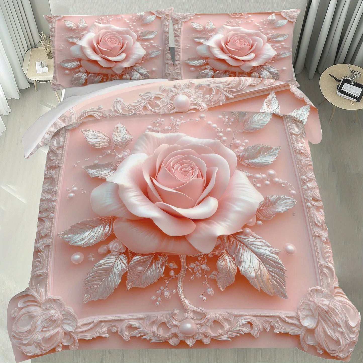 Latacaca 2/3Pcs Pink Rose Duvet Cover Set, Soft Comfortable Floral Bedding with Pillowcases, Machine Washable Queen King Size Pi-Mart