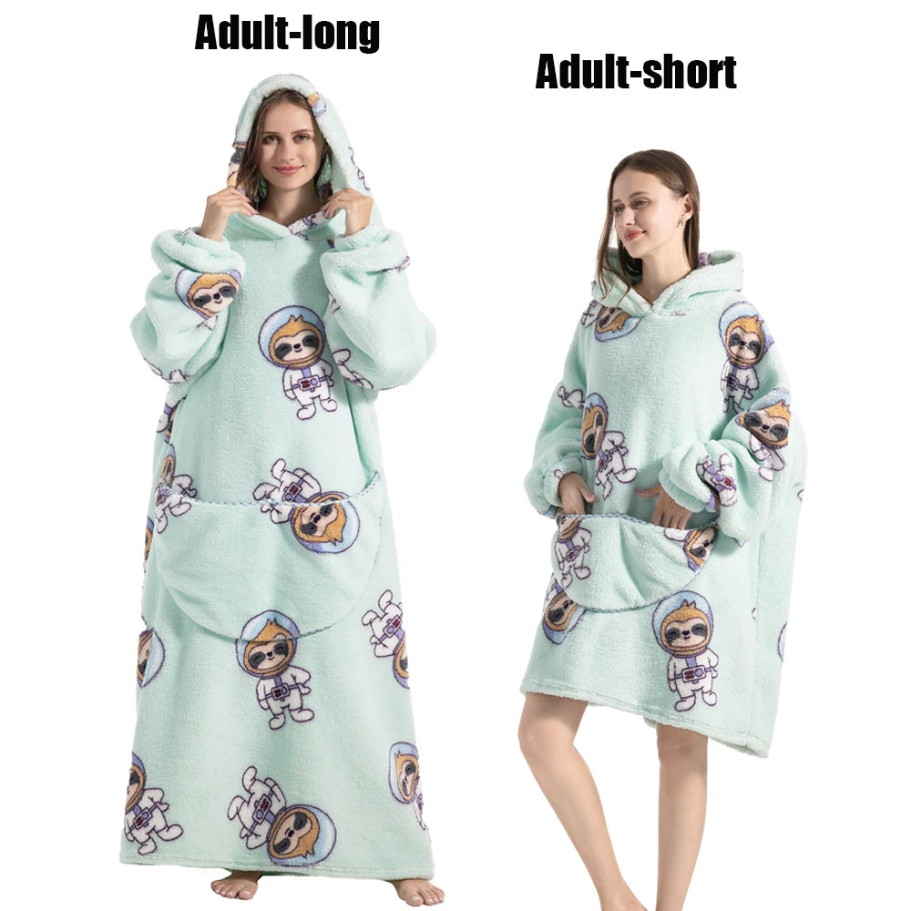 Women Plush Fleece Blanket Men Warm Thick Hoodies Adult Giant TV Blanlets with Sleeves Super Long Cold-proof Homewear Pajamas Pi-Mart