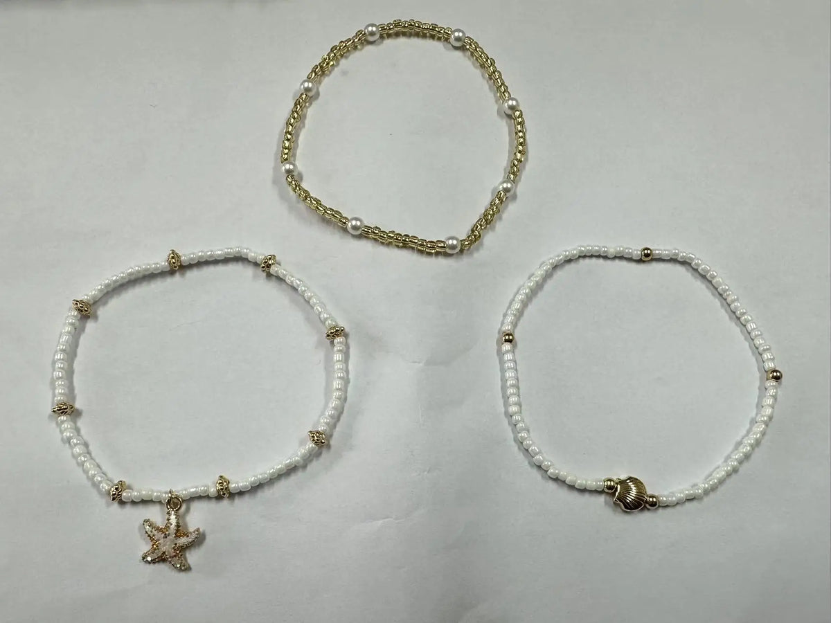 Summer Bohemian Style Starfish Shell Millet Bead Ankle Chain Three-Layer Set Beachy Elegant Foot Jewelry Accessory Pi-Mart