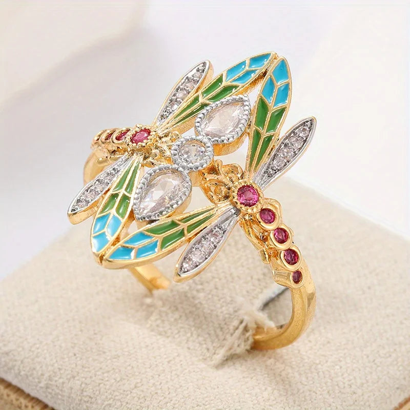 Gorgeous Vintage Insect Dragonfly Ring for Men Women Blue Cubic Synthetic Zirconia Party Jewelry Christmas Anniversary Gift Pi-Mart